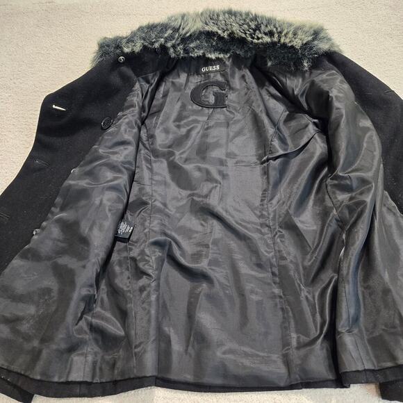 G by Guess Removable Fur Trimmed Pea Coat Size M Wool Blend Double Breasted - Picture 9 of 11